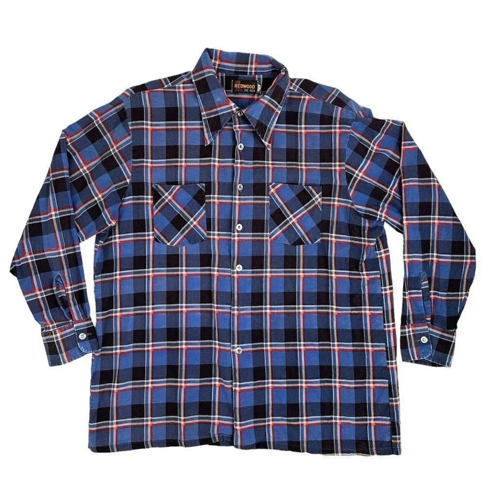 Vintage 90s REDWOOD Flannel Plaid Button Up Shirt Size XL Blue Big Men